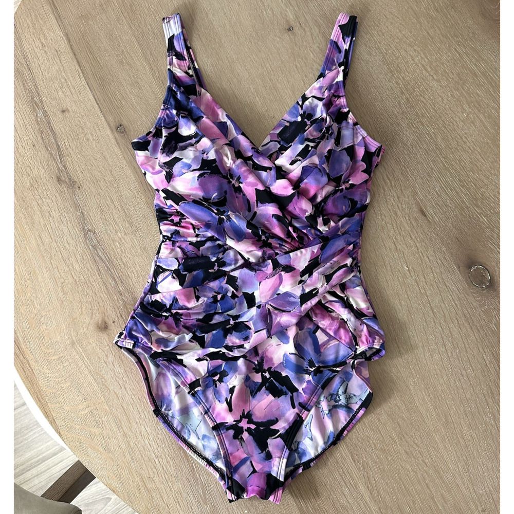 Miraclesuit Kirkland One piece Black Purple Floral Slimming Swimsuit US Size 8